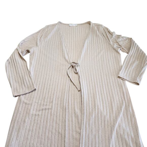 MNG Mango Womens Ribbed Long Duster Cardigan Size Large Beige Tie Front Slits - Picture 9 of 12